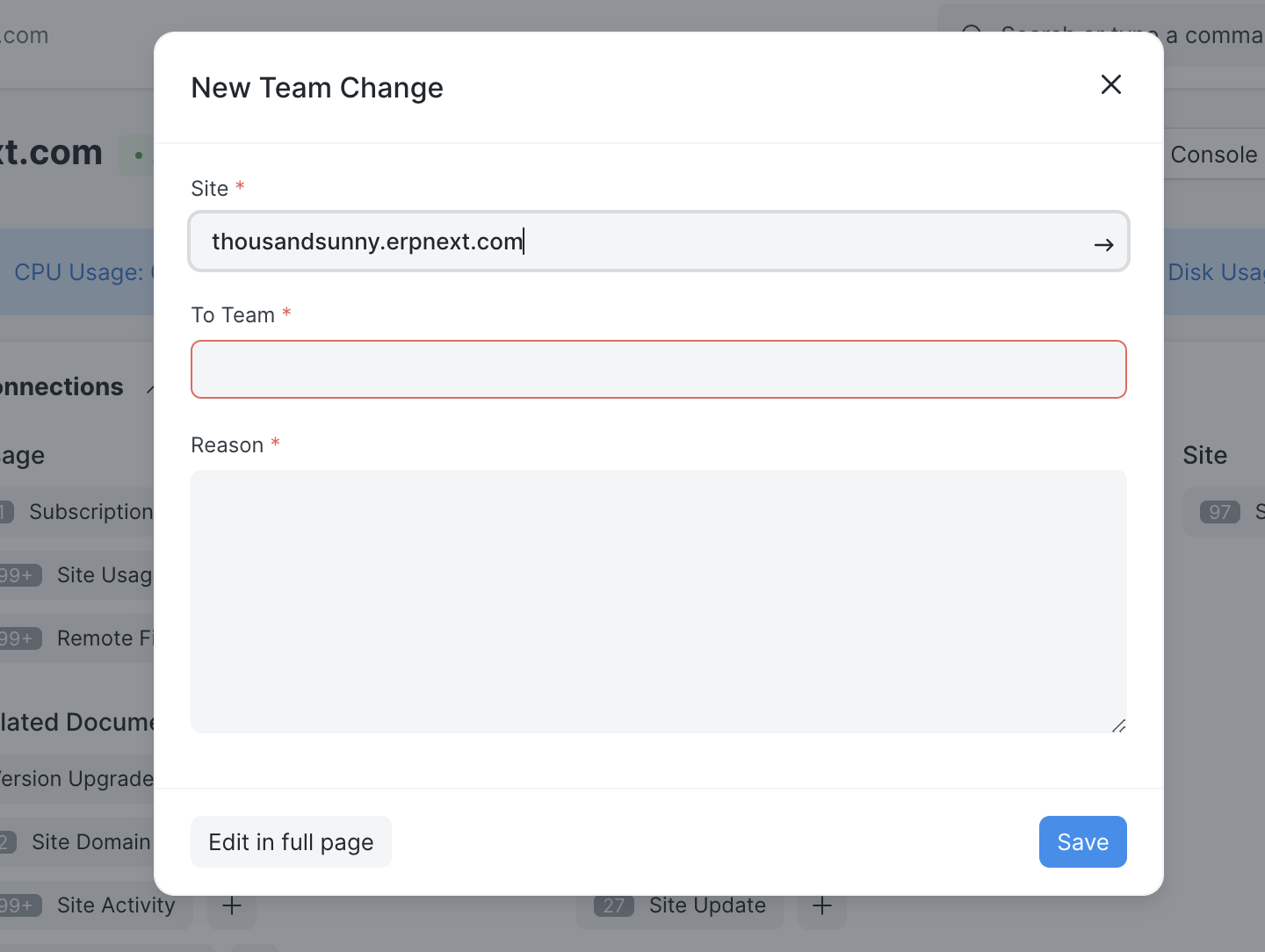 Change team dialog box
