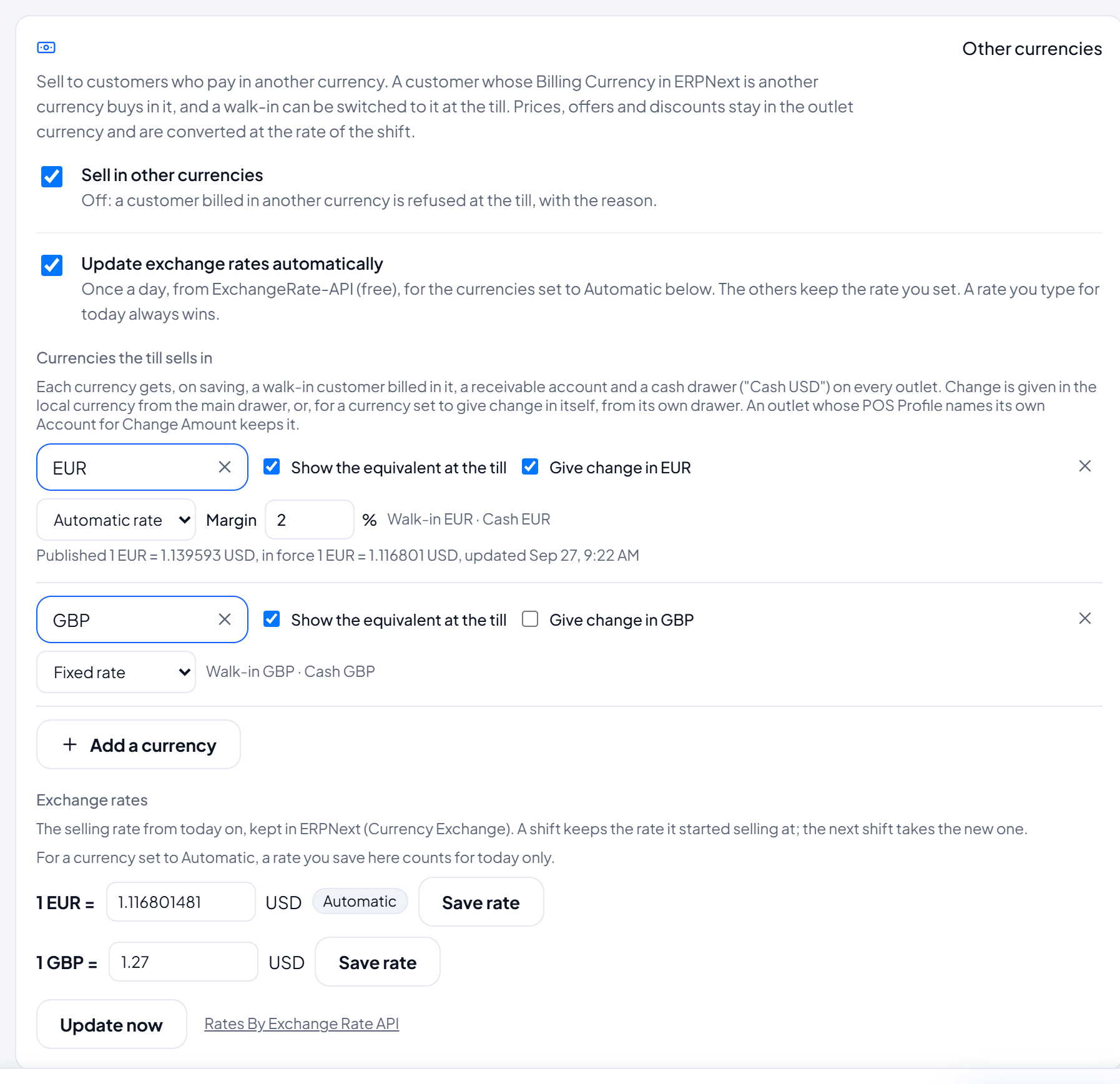 LumenPOS settings: other currencies with automatic or fixed exchange rates, a margin, change in the customer's currency and their cash drawers
